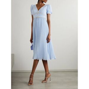 Self-Portrait Blue Metallic Chiffon Pleated Rhinestone Midi Dress US 4